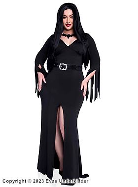 Morticia aus der Addams Family, Kostüm-Kleid, hoher Schlitz, Gürtel, zerfetzte Ärmel, Plus Size